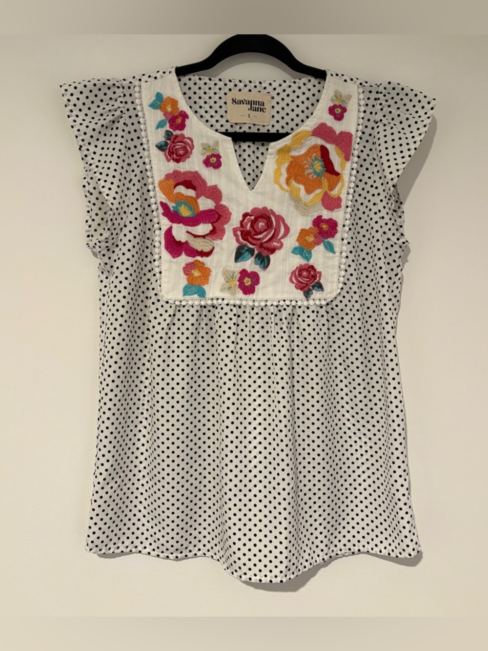 Savannah Jane Women’s White Polka Dot Floral Short Sleeve Blouse Small Boho